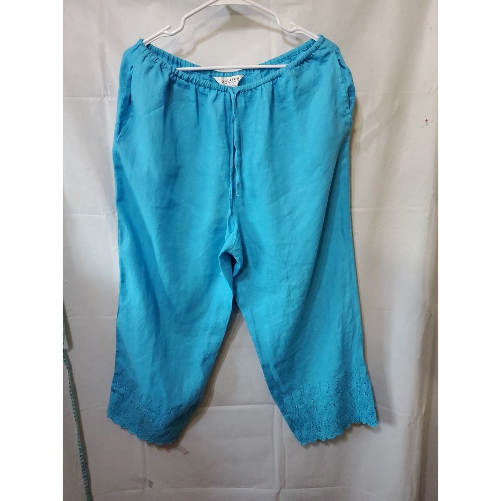 Allison Taylor Linen Capri Pants Sz L Embroidery Drawstring Coastal Summer Light